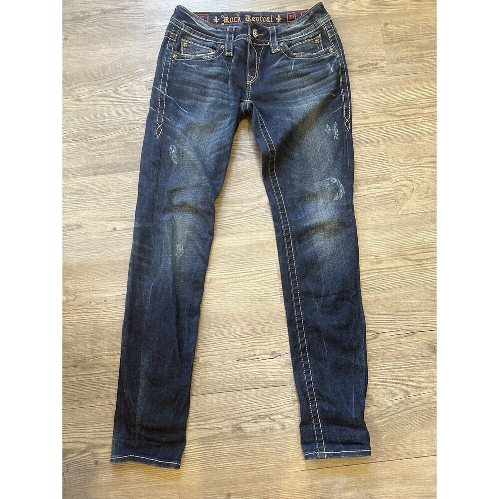 Rock Revival Dark Jeans Noelle Distressed Boot Womens 30 Rhinestones Embellished